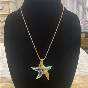 Betsey Johnson Gold Tone Blue Starfish Pendant Statement Necklace